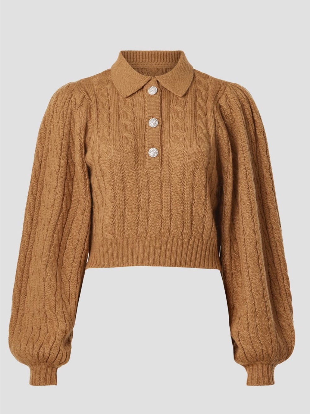 Ronny Kobo Collection Cropped Cable-Knit Polo Sweater in Camel Brown